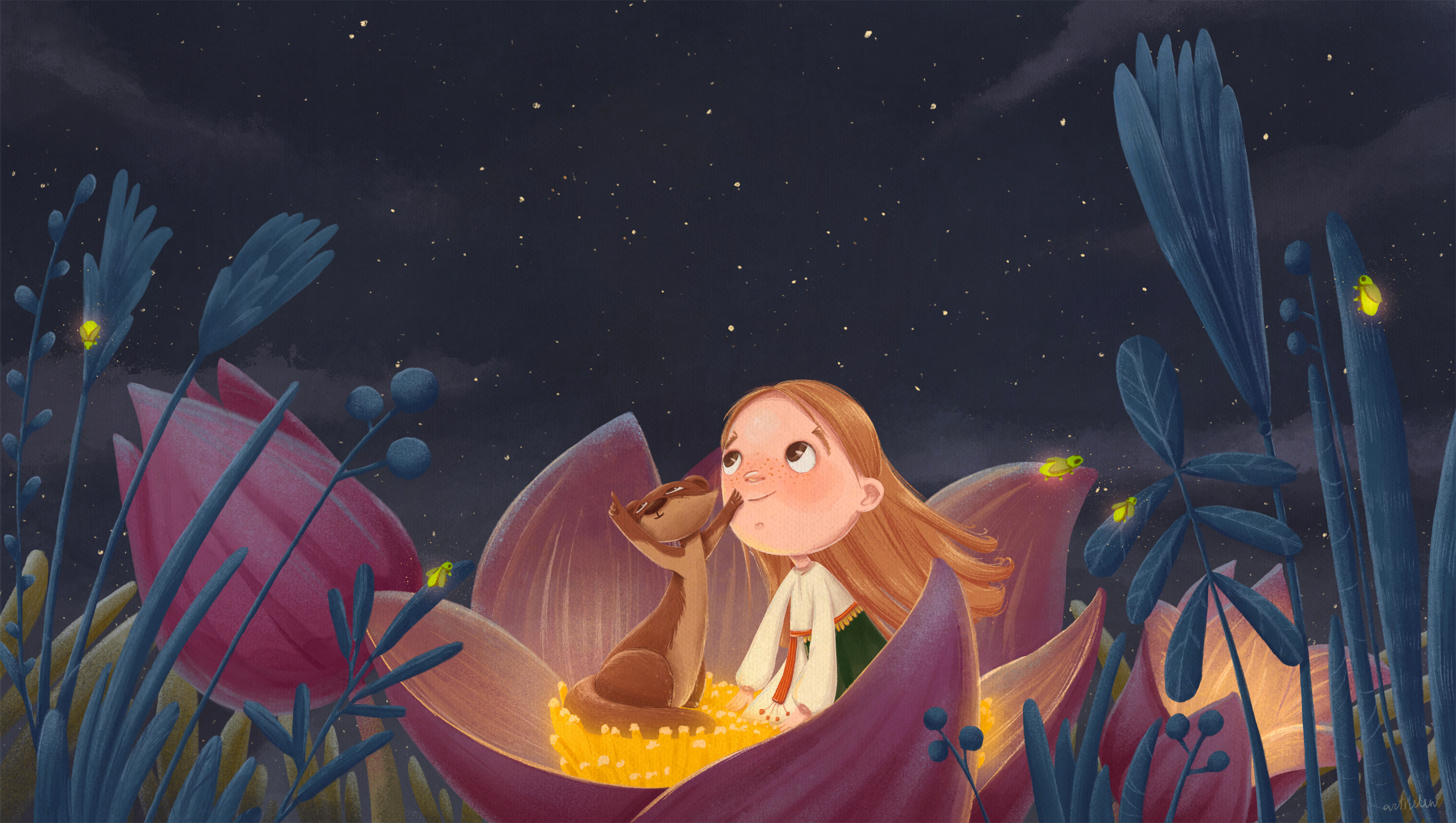 Children's Book Illustration - Freckles Like Stars art artwork book for kids children illustration childrens book illustration digital art digital drawing digital painting illustration magical illustration painting storyboard storytelling visual story watercolor whimsical drawing whimsical illustration