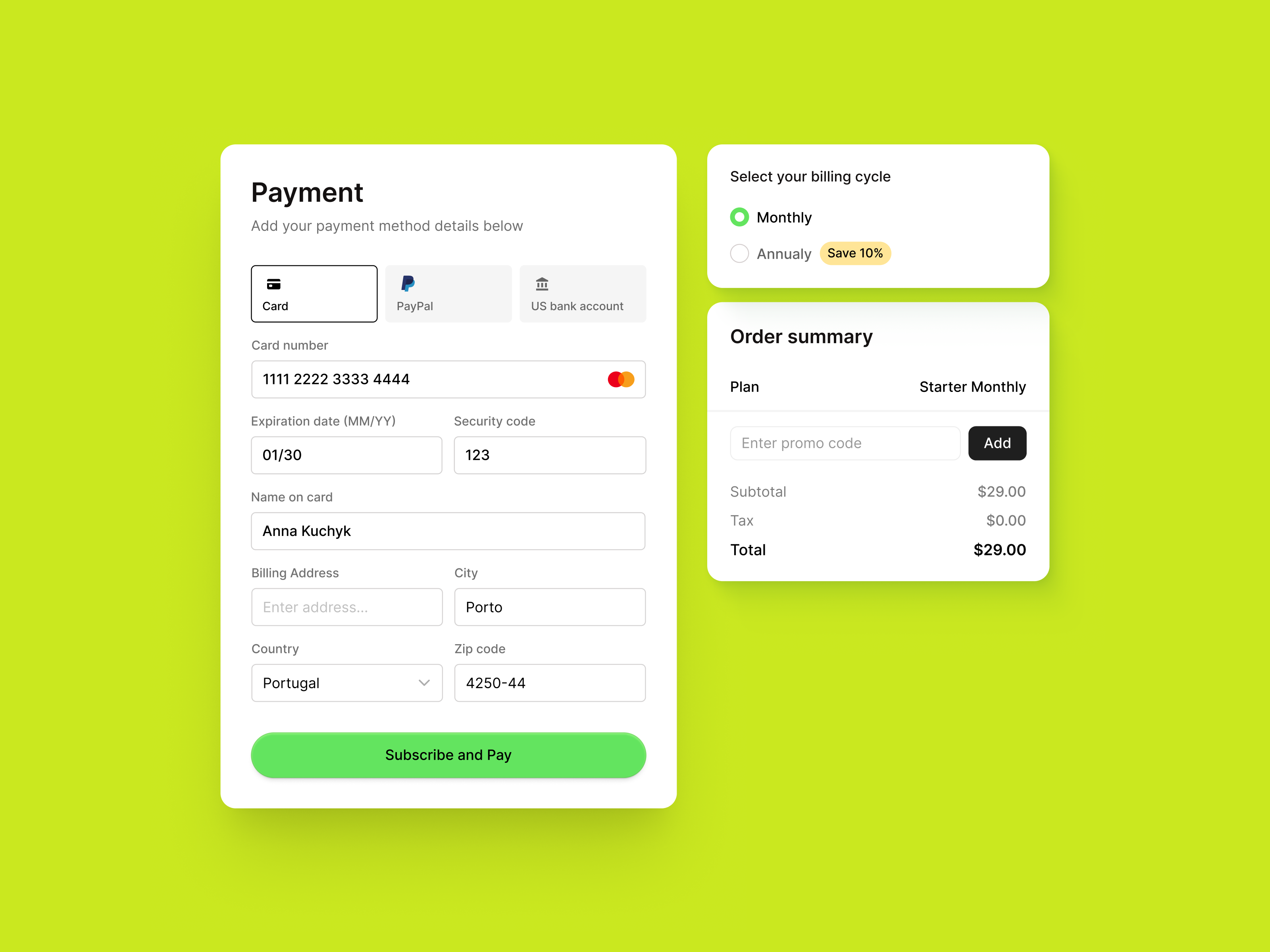 SaaS Payment Form app billing branding card cardinput checkout credit card design system form input microinteractions payment saas subscription ui