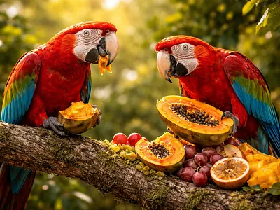 Macaws Feasting on Tropical Fruits birds branch citrus colorful birds eating fruit exotic feeding birds forest grapes jungle macaws nature papaya parrots tree tropical birds tropical fruits two parrots vibrant colors wildlife