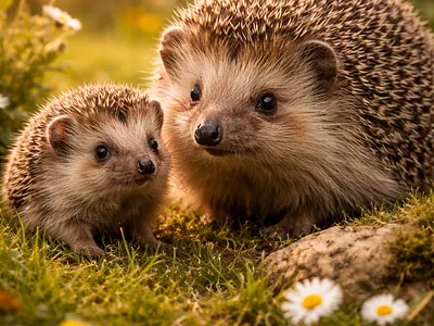 Hedgehog Family in a Sunlit Garden adorable animal family baby hedgehog bonding cute animals flowers garden grass hedgehog hoglet mother and baby nature nurturing outdoor scene quills small animals spines sunlight tiny animal wildlife