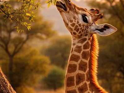 Giraffe Calf Reaching for Fresh Leaves african wildlife animal animal behavior baby giraffe eating leaves feeding giraffe giraffe calf golden hour long neck natural habitat nature outdoor scene savannah sunset light tall tree warm tones wildlife wildlife photography young animal