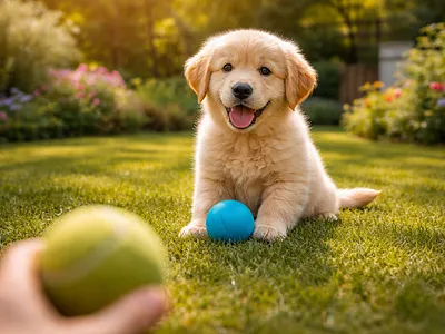 Golden Retriever Puppy in Sunlit Garden adorable animal backyard ball blue ball cute puppy dog fetch garden golden retriever green grass happy dog nature outdoor pet playful dog puppy sunlight tennis ball waiting to play