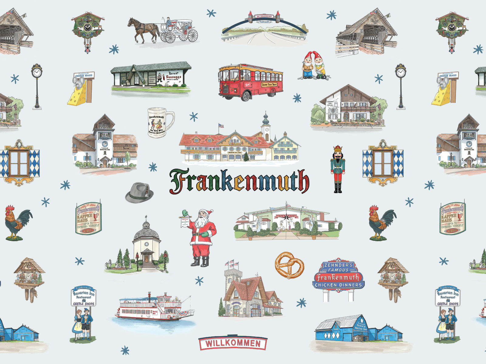 Frankenmuth Bavarian — Illustration & Pattern System architecture branding christmas destination graphic design handdrawn holiday hospitality illustrated illustration illustration system motifs pattern illustration repeat pattern retro surface pattern tourism travel vignettes vintage