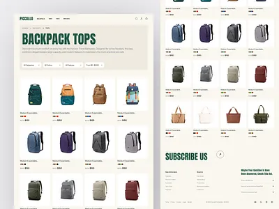Piccollo - Backpack E-Commerce Collection Page backpack bag collection e comerce ecommerce fashion landing page minimlist online store outdoor outfit product shop shopify store style ui ux web design website