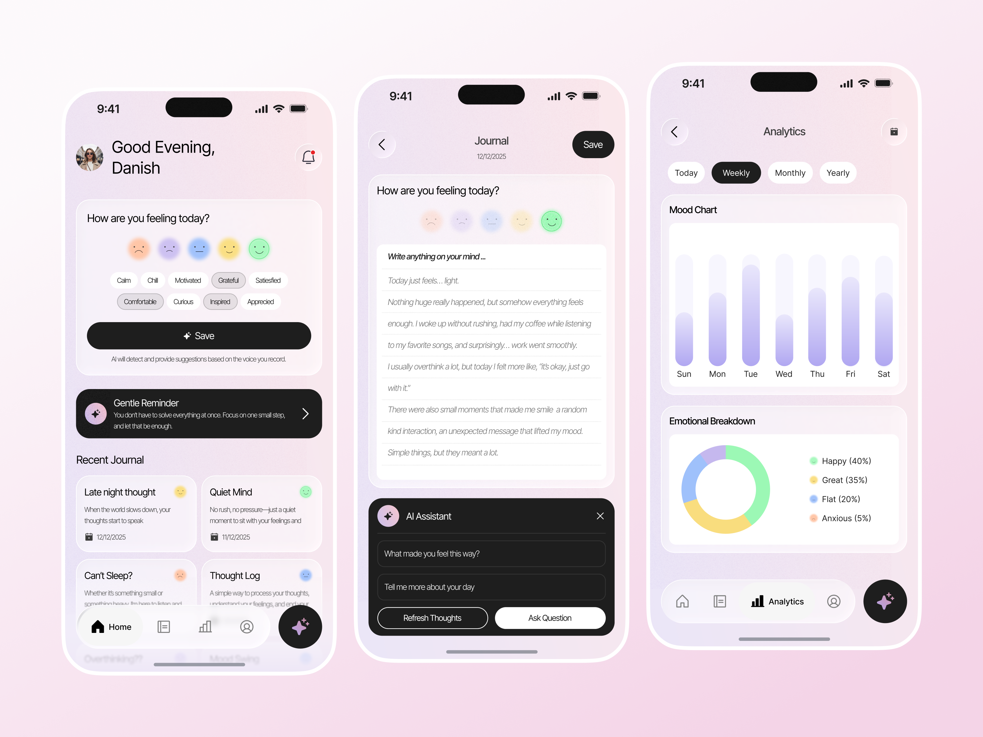 Moodme — Mental Health Mobile App design emotion tracker app health app mental app mental care mental health mental health app mental health tracking app mind check app mobile app mood app mood tracker product design self care stress app stress tracker therapy app ui visual designer wellness