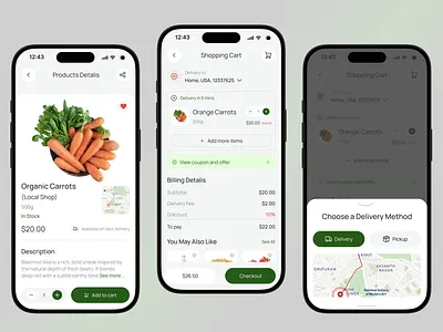 Grocery mobile app UI app design clean u delivery app ecommerce food delivery fresh food grocery grocery app minimal design mobile app mobile ui modern ui product shopping app startup app supermarket ui design uiux ux design