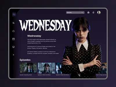 Wednesday Series Dashboard UI Design | OTT Platform Concept admin panel analyticsui cinematic dashboard entertainment mobile movie app moviedesign netflix ott ott platform productdesign saas dashboard streaming tvapp uiux video web app web design webdesign wednesday