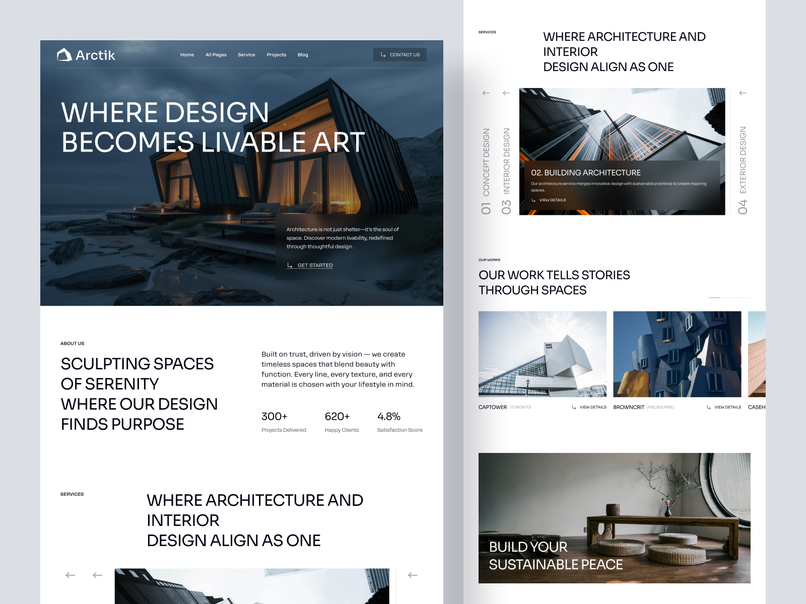 Arctik — Architecture & Interior Design Studio Website agency architecture website clean dark typography desktop hero section homepage interior design landing page minimal modern portfolio serif typography studio website typography ui design unidesign studio ux design web design website