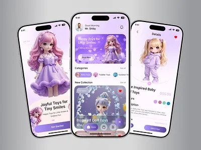 Cute Baby Toys E-Commerce Mobile App 3d illustration app design app interface baby toys cartoon style doll design ecommerce app kids app kids ecommerce mobile app ui mobile ui modern ui pastel design product design shopping app soft gradient toy store ui ux design