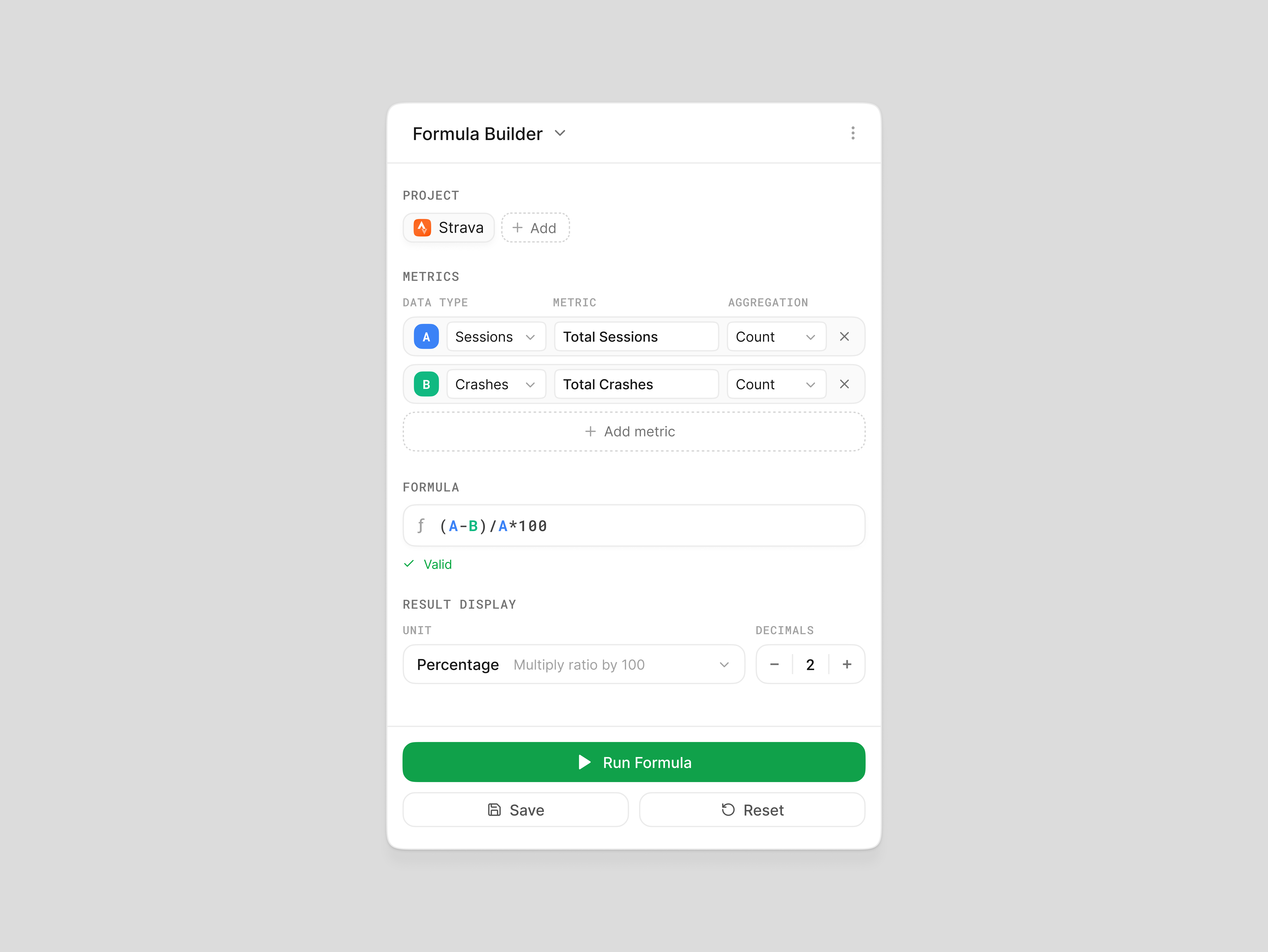 Formulas - Countly UI ai analytics builder button configuration countly dashboard dropdown formulas navigation panel query saas select box settings sidebar ui ux
