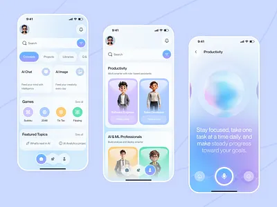 Artificial Intelligence Assistant Mobile App UI Design ai app ai assistant app design artificial intelligence minimal ui mobile app mobile app design mobile design modern ui productivity app ui design ux design web