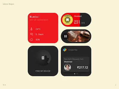 Infinity Widgets 0.2 app design card ui dashboard ui find my device fintech ui glassmorphism interface design media player ui mobile ui payment ui product design smart ui ui ui kit uidesign ux uxdesign weather app weather widget widgets
