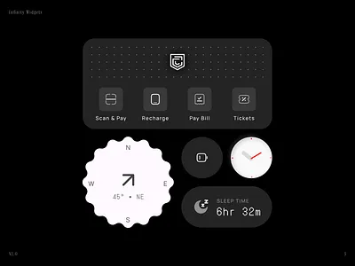 Infinity Widgets 0.3 androidinspired app design compassui directionalui healthui interface design mobile ui navigationui paymentflow product design quickactions scanandpay sleeptracker ui design ui kit ui ux utilityapp ux design widget ui widgets