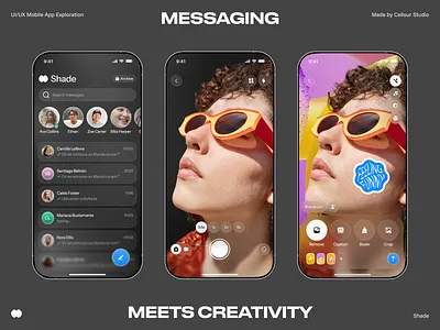 Shade ⎻ Photographic Messaging App ai powered b2c camera ui clean ui compact ui consumer app dark ui encrypted messaging figma ios app messaging app minimal ui mobile app mobile ui photo messaging privacy app product design social app ui design ux design