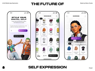 Draper ⎻ Digital Avatar and Wearables App 3d avatar ai powered avatar creator b2c clean ui consumer app digital fashion figma gen z app ios app light ui metaverse app minimal ui mobile app product design self expression ui design ux design wearables web3