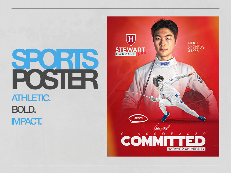 Harvard Fencing Commitment Poster | Athlete Recruitment Design athlete portrait design athlete recruitment college recruitment poster creative sports edit dynamic composition fencing athlete fencing poster harvard poster minimal sports poster modern sports design poster manipulation recruitment graphics red aesthetic design sports branding sports graphic design sports photoshop edit sports poster design sports social media design typography poster visual storytelling design