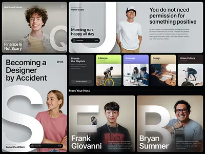 Thumbnail Cards - Podcast Website bold branding cards clean clean background design editorial homepage landing page layout magazine photography thumbnail typography ui ui kit ux website whitespace widgets