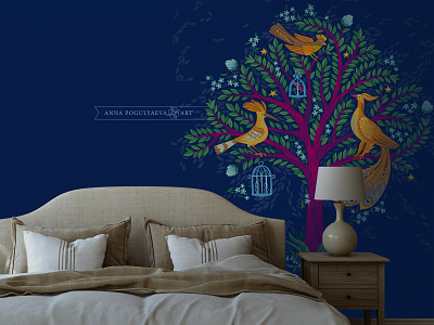 Night Garden Stories annapogulyaeva annapogulyaeva art bedroom wallpaper birds fairy tree floral pattern graphic design illustration living room wallpaper night garden ornament textile design tree