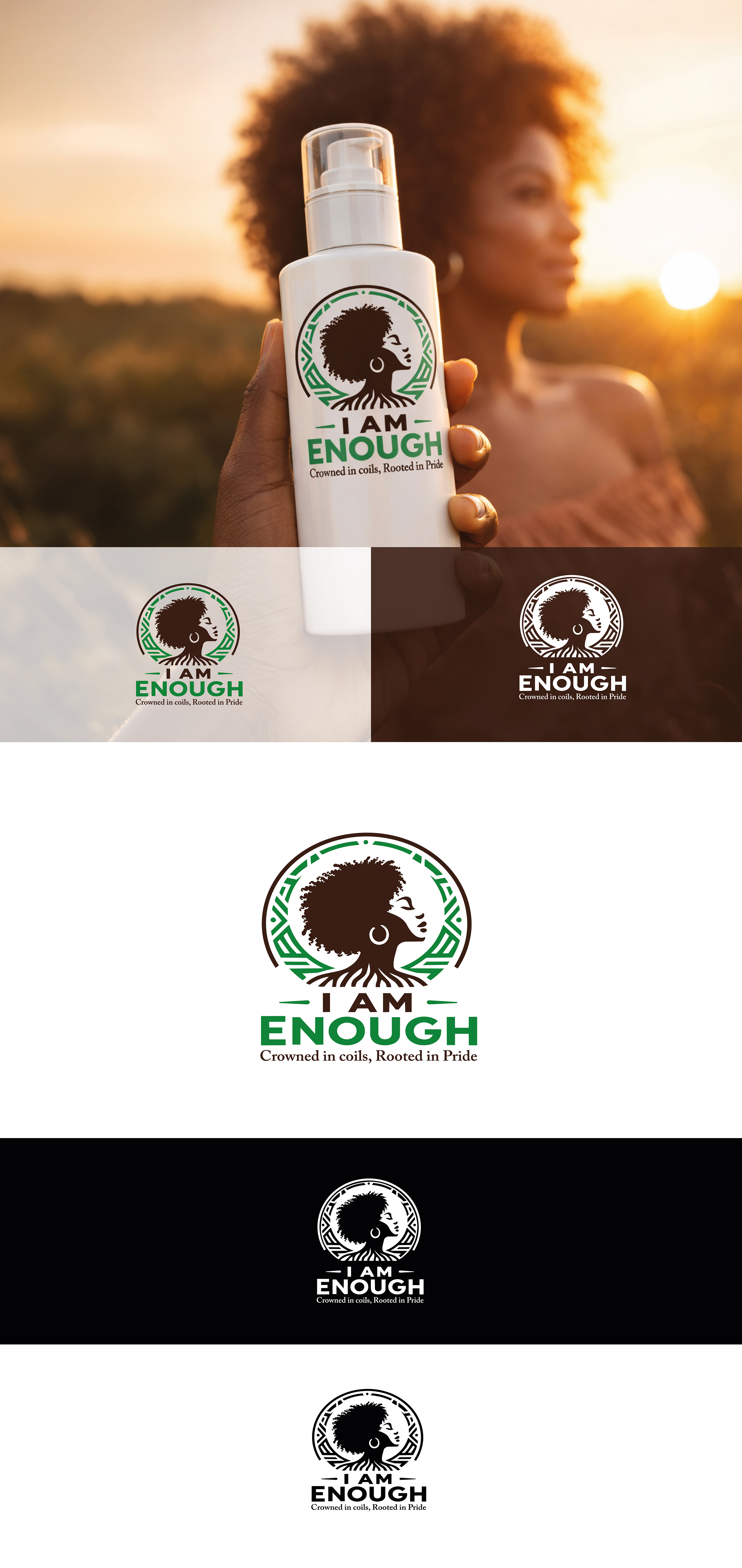 Crowned silhouette emblem badge beauty brown emblem empowerment green haircare label line art logo mono organic packaging portrait print ready reverse silhouette small scale vector