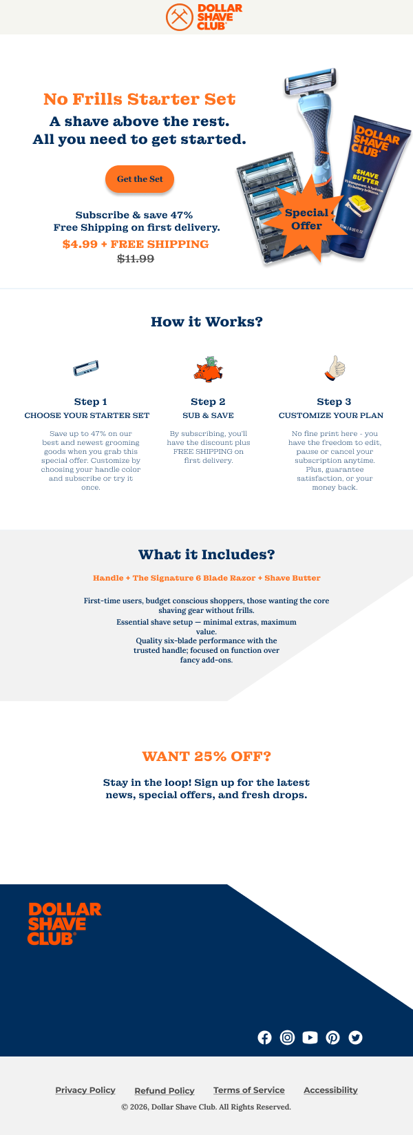 Dollar Shave Club Email Design branding clean layout e commerce landing page marketing modern design promotional design subscription service ui uiux web design