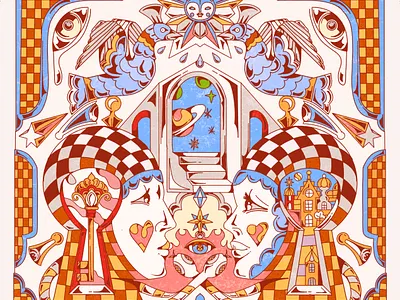 The key art artwork cd. cover cubisme decooration dessin editorial faces geometric graphic design hand drawn illustration ipad pattern poster print procreate scarf surreal yoaz