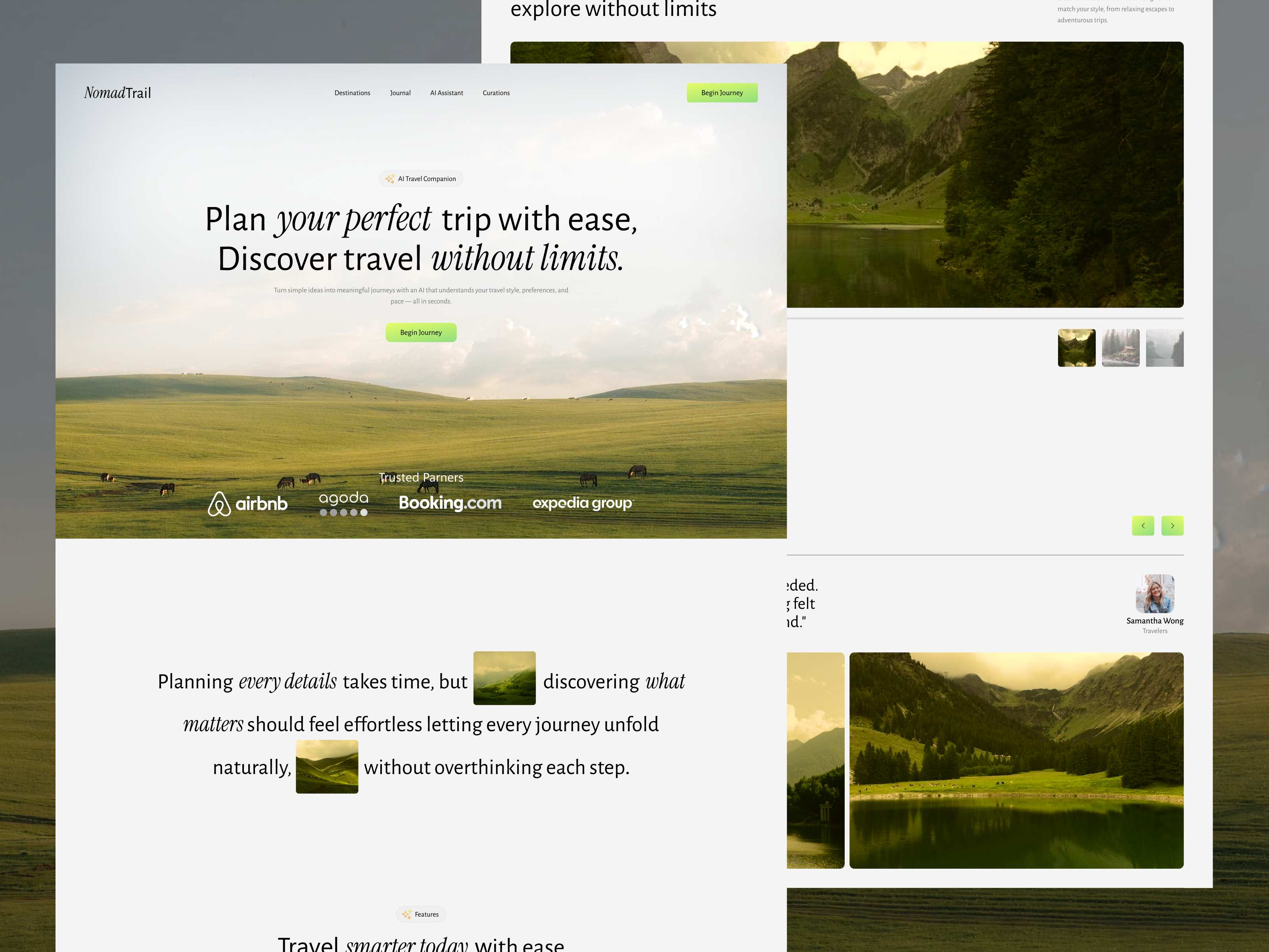 NomadTrail - AI Travel Companion Landing Page UI/UX Design ai animation branding clean elegant generate landing page landing page design minimalism modern ui print product design travel trip planner typography ui ui ux web design website design