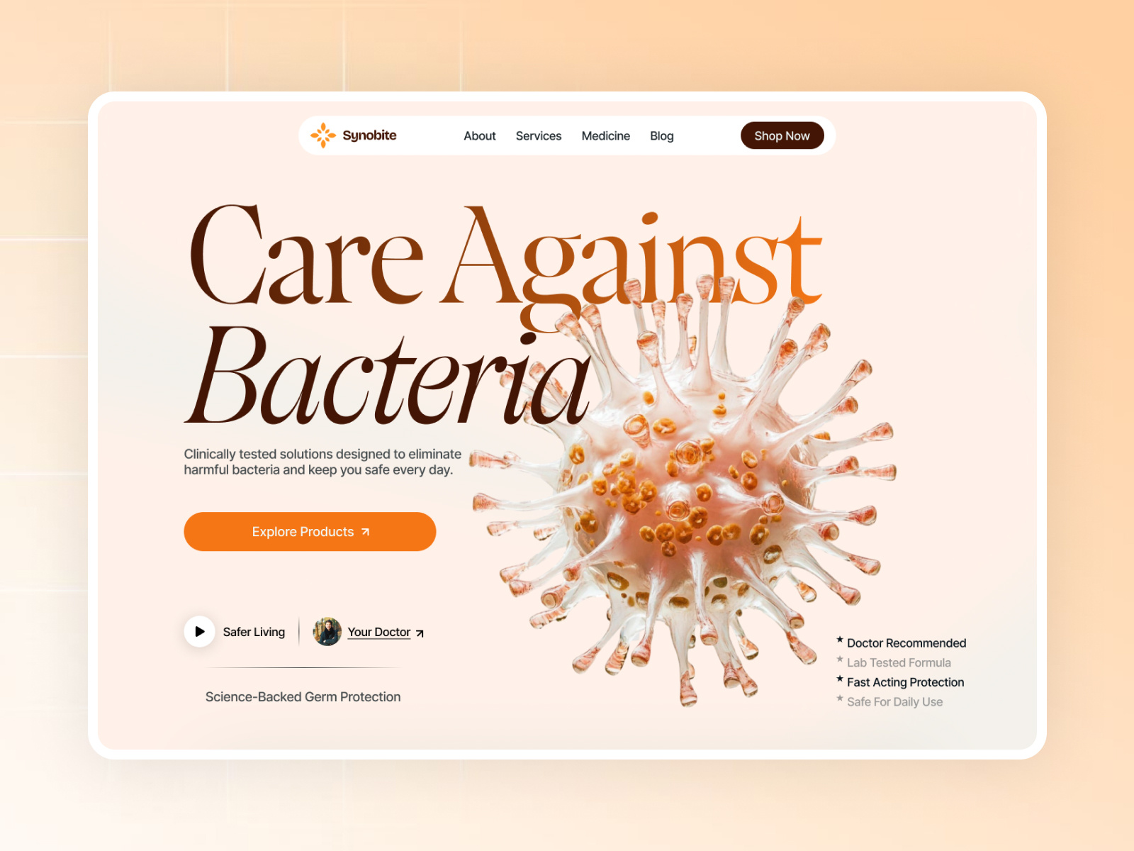 Fighting Germs with Clarity and Care ai website branding dark website header shot health hero section landing page medical medical health meditech mobile app personal care pharmecy shopify techwitpro uiux web design website wordpress yellow