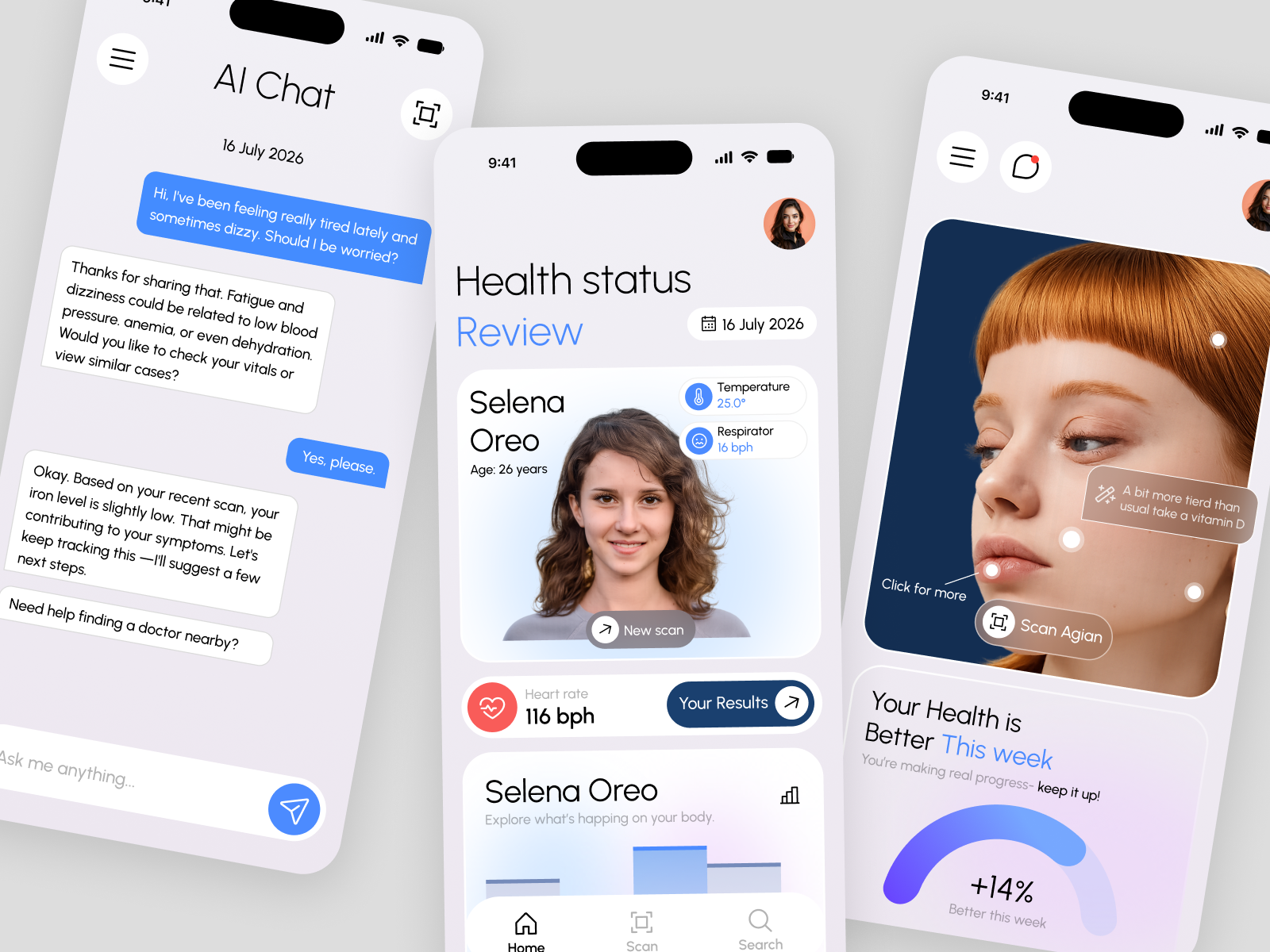 AI Health Assistant App UI Design | Smart Health Tracking ai ai health assistant ai healthcare app app ui clean ui digital health health app health companion health dashboard health metrics health tracking healthcare minimal mobile app mobile ui modern symptom checker telemedicine ui design ux design