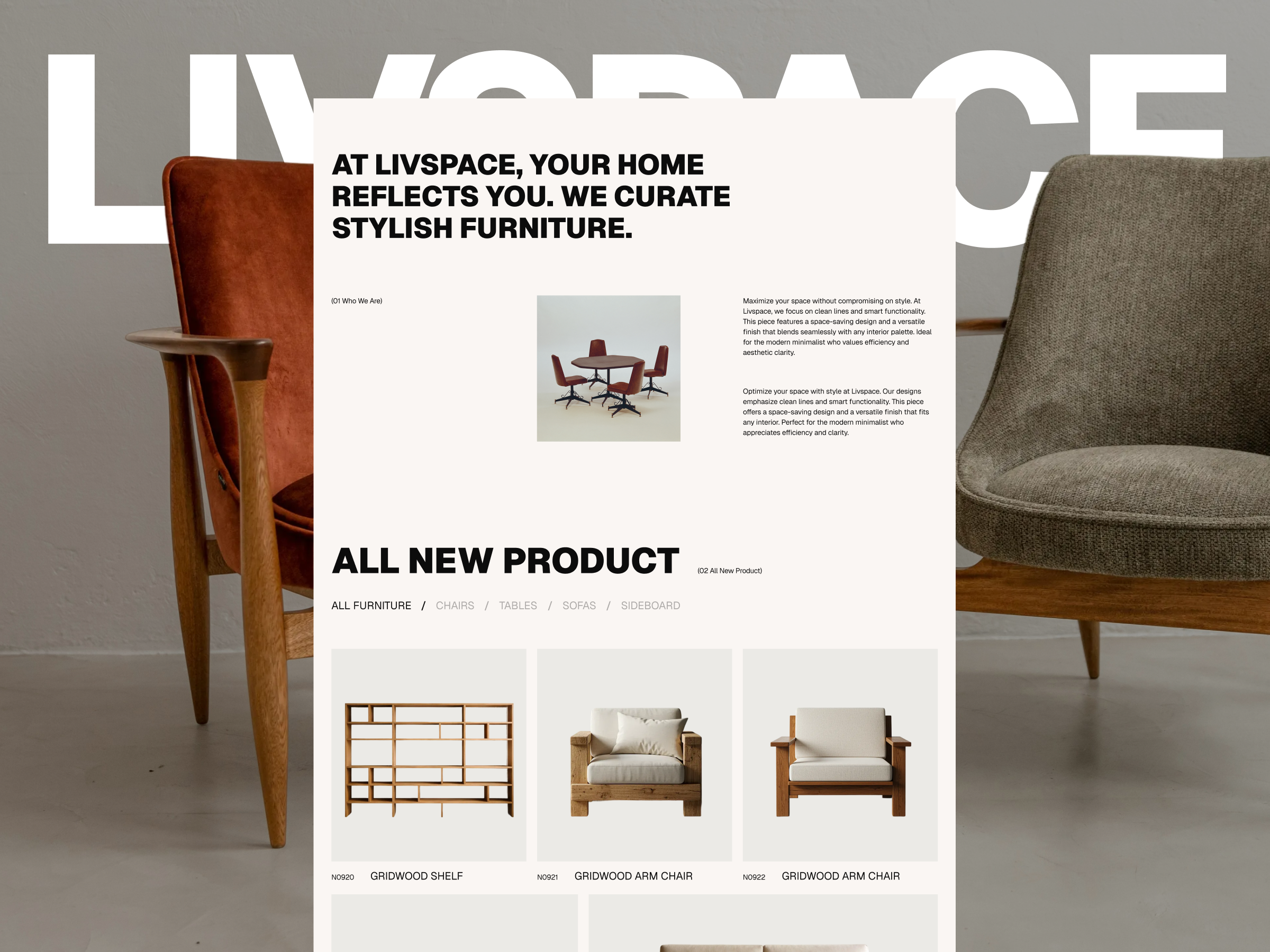 Living Space - Furniture Landing Page bold typography clean design editorial style furniture furniture website graphic design home decor interior design landing page lifestyle luxury minimal design minimalist modern design neutral tones premium simple living typography ui web design