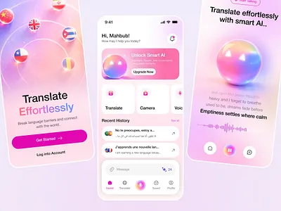 Smart AI Translate – Mobile App UI ai app ai powered app ai powered translation app ai translator app interface artificial intelligence chatgpt communication education app languages app design translate app ui
