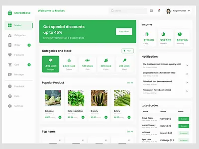 Grocery Management Dashboard 🛒🥬 category management dark mode dashboard design discount banner e commerce food retail grocery app grocery store income summary inventory management latest orders marketease order tracking popular products product catalog retail dashboard stock levels stock monitoring ui web app
