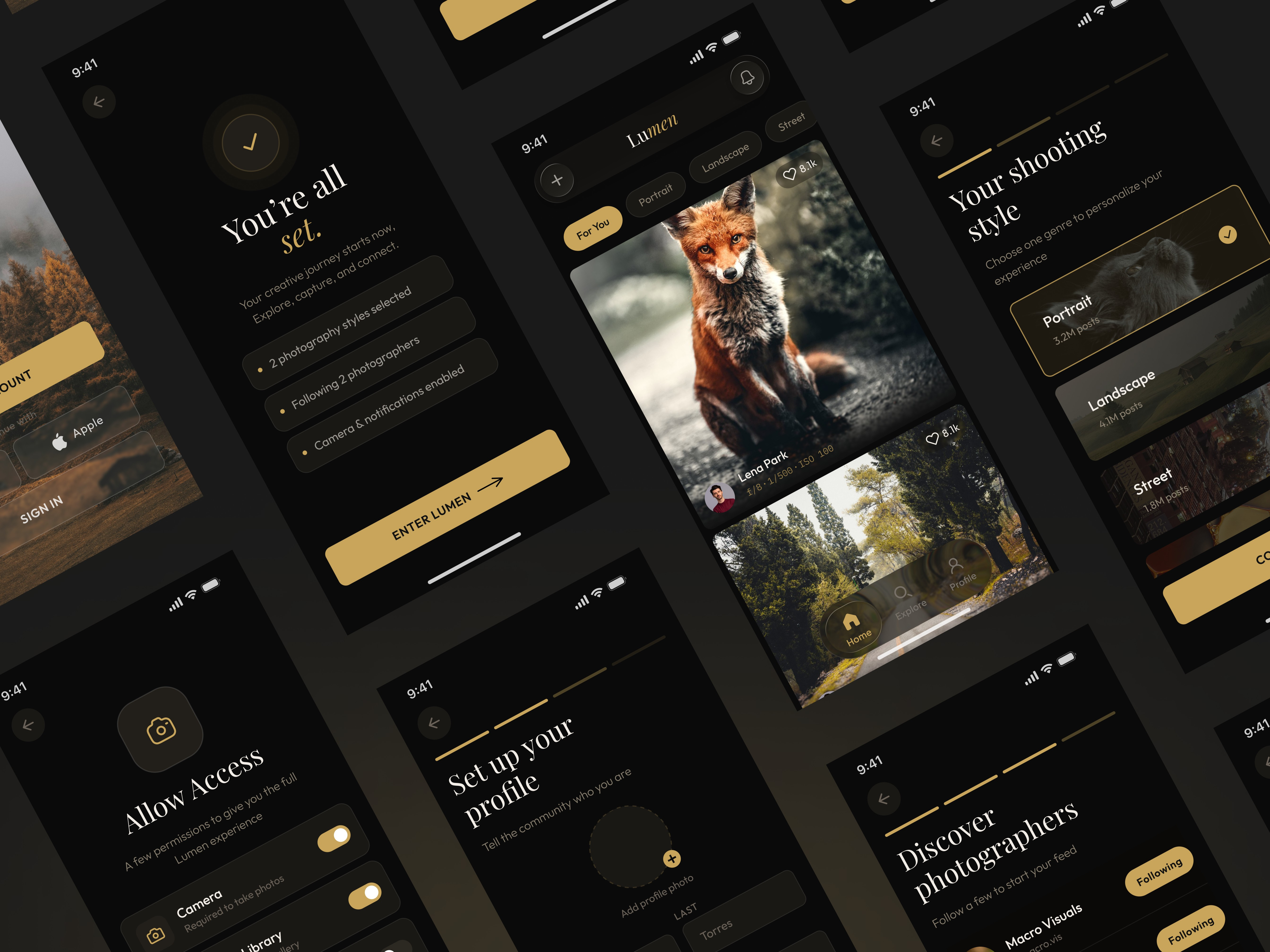 Lumen – Photography App UI (Dark Mode Experience) appdesign darkmode feeddesign iosapp mobileapp modernui onboarding photographyapp productdesign uidesign uiux uxdesign visualdesign