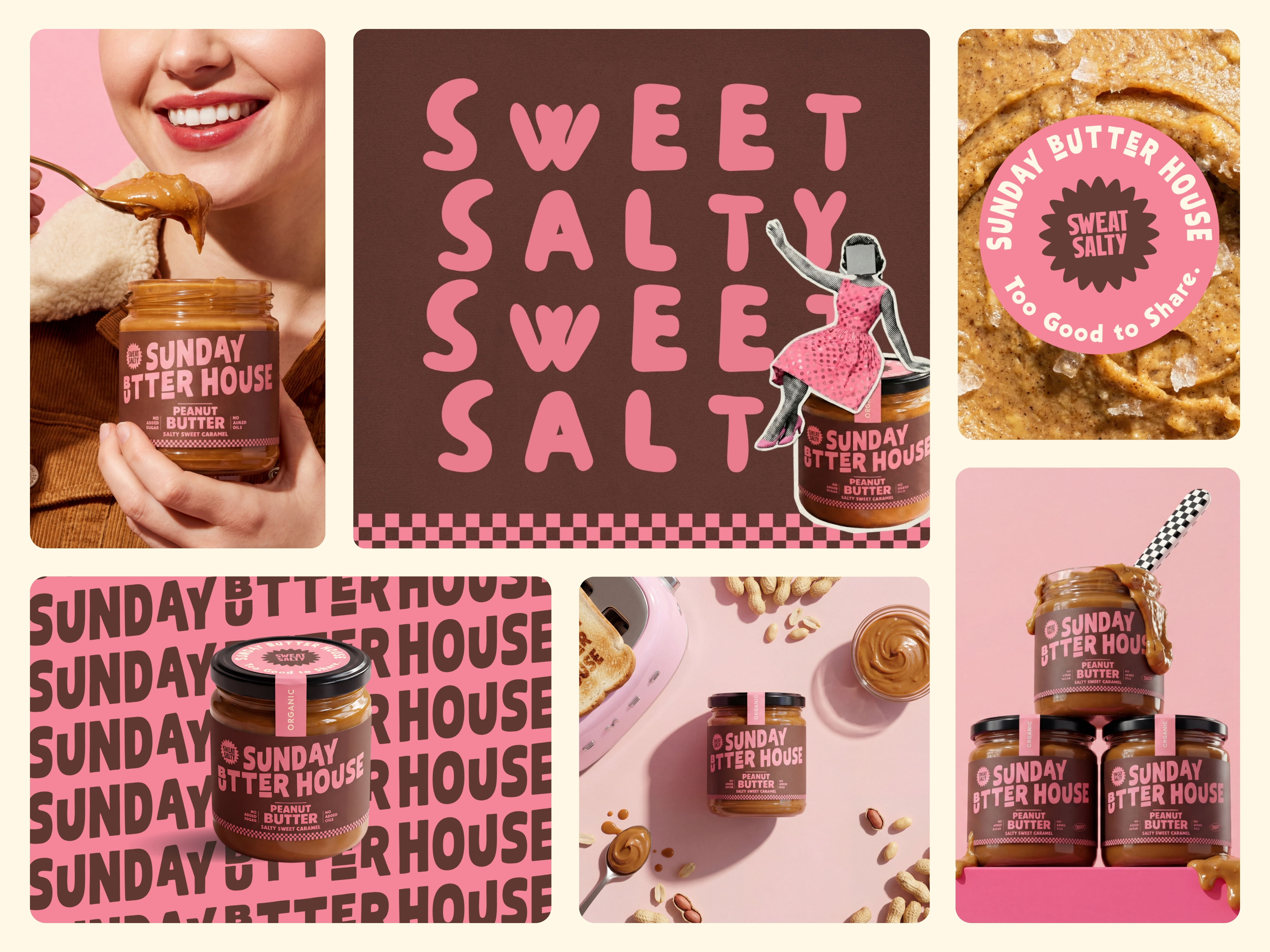 Sunday Butter House - Branding & Packaging 60s bold brand guide branding bright butter checkerboard clean label logo minimal modern nuts package packaging design peanut retro