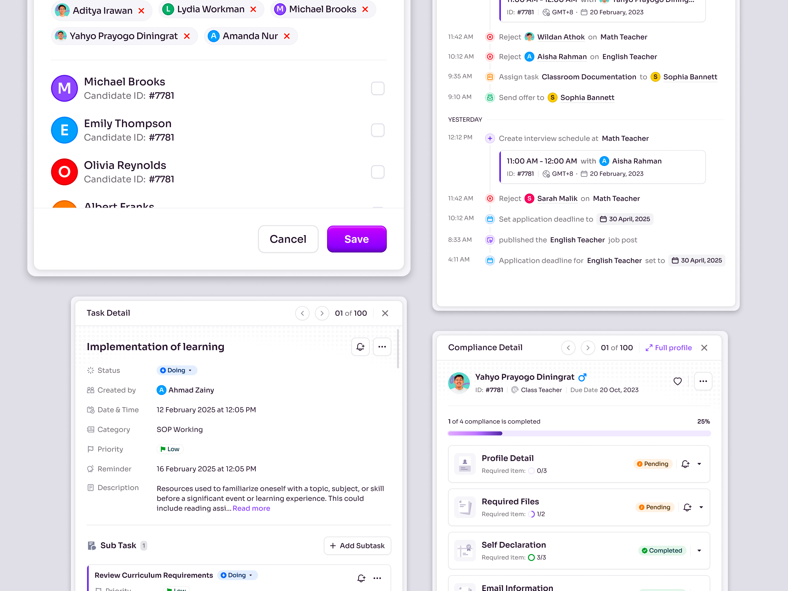 RecruitSmart — Task, Compliance & Activity Drawers for School HR candidate company dashboard drawer education employee hiring hr management hr system hrd hrm product design saas saas design school management staff ui ux web app web design