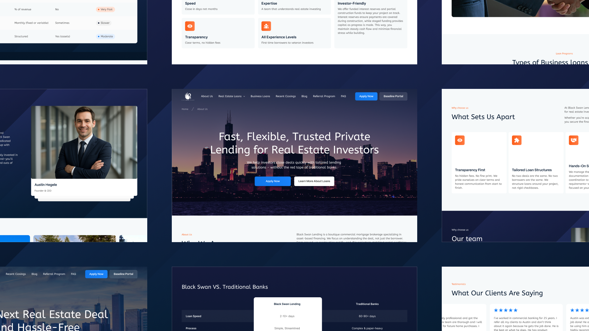 Black Swan Lending multiple loan product pages testimonials section