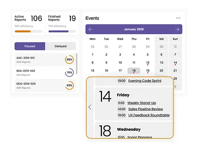Showing Data Exploration calendar dashboard data donut chart events exploration progress bar uii ux web design