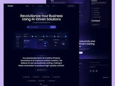 AI-Powered Business Solutions Landing Page 🤖🚀 ai automation ai platform business efficiency business solutions client testimonials content creation creative tools dark mode data insights hero section landing page nuvex performance tracking productivity tools smart research subscription plans trust badges ui workflow optimization writers assistant