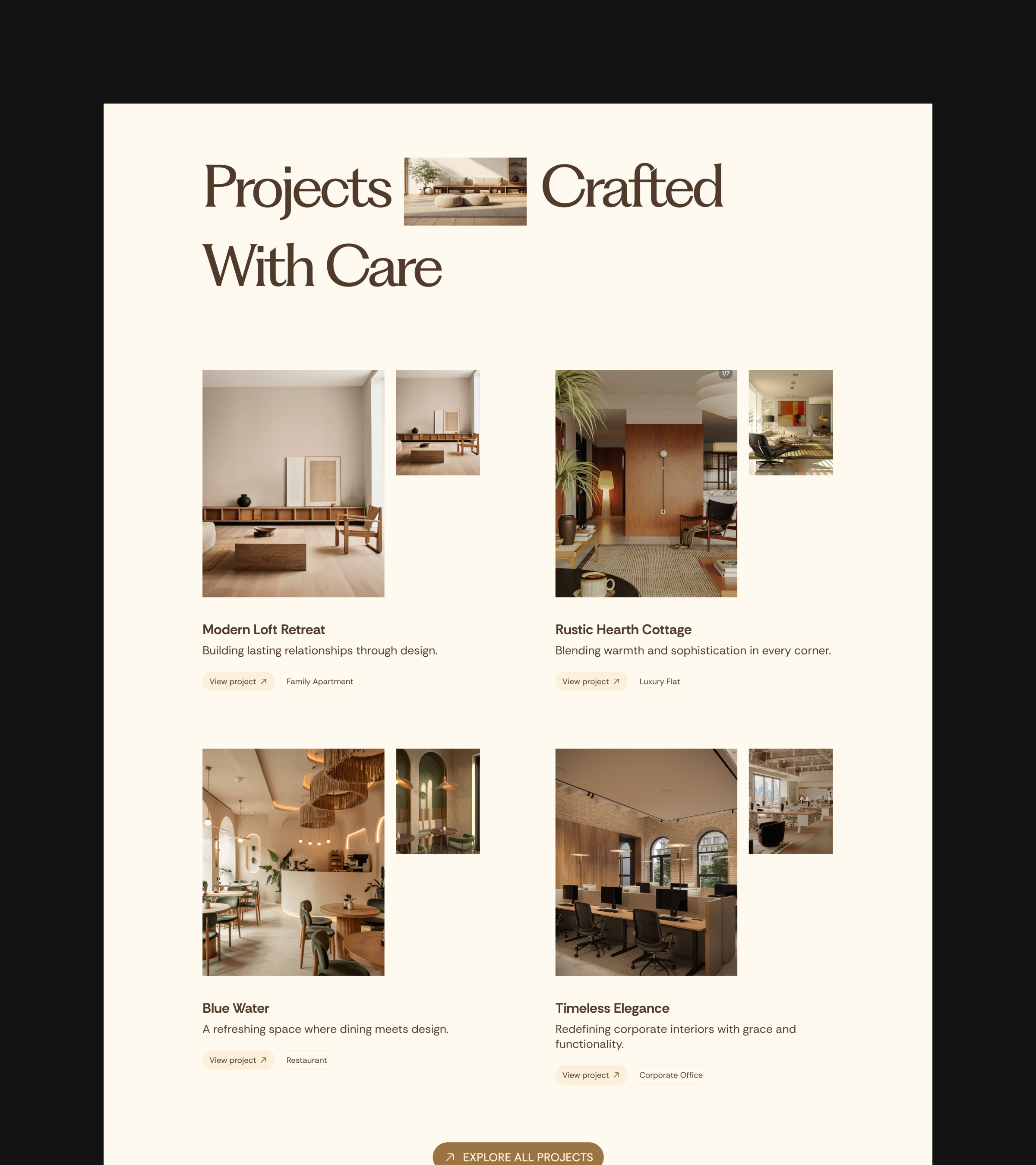 Interior website with editorial premium design | Work section architecture cards filter case study furniture interior website landing page lifestyle luxury minimalist modern personal landing page real estate website responsive landing page web design website designer