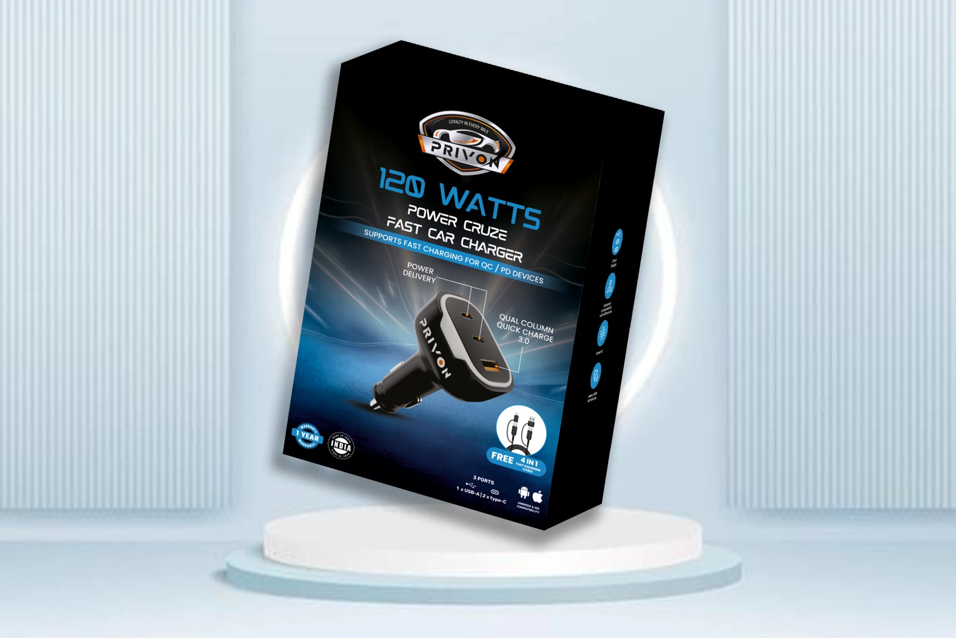 Modern Tech Box Packaging Design | Privon Car Charger 3d automotive industry box design box packaging brand identity branding car charger designed by whitefern fast charging graphic design logo mobile accessories modern design packaging design product packaging retail packaging tech packaging whitefern