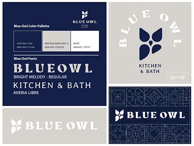 BLUE OWL - Kitchen and Bath Services Logo Brand Kit bird branding contractor farmhouse graphic design home identity illustration lettering logo logo design logos luxury owl premium retro tile typography vintage
