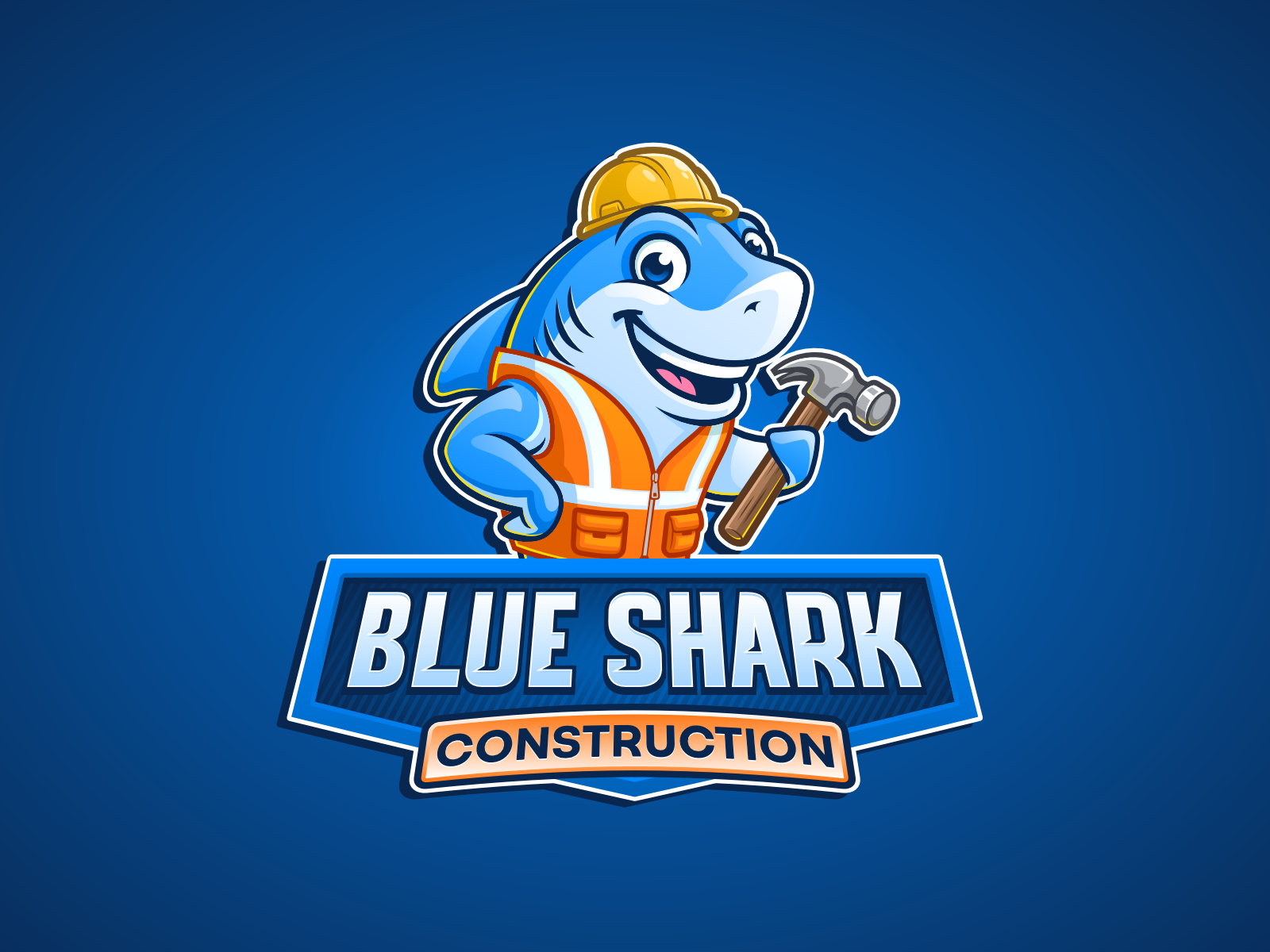 Blue Shark Construction brand cartoon construction home service home service branding illustration logo mascot shark white shark