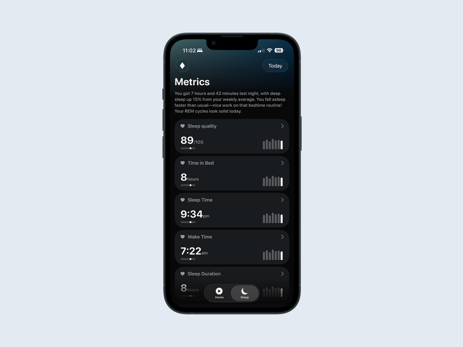 Sleep AI Mockup alarm bars best branding cards dark fitness glass gradient healthkit liquidglass sleep ui zero