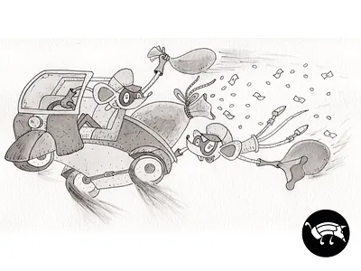 Not so Nice Mice. cartoon character design funny hand drawn hand made hesit illustration inks mice money pencildog thieves trycicle watercolor