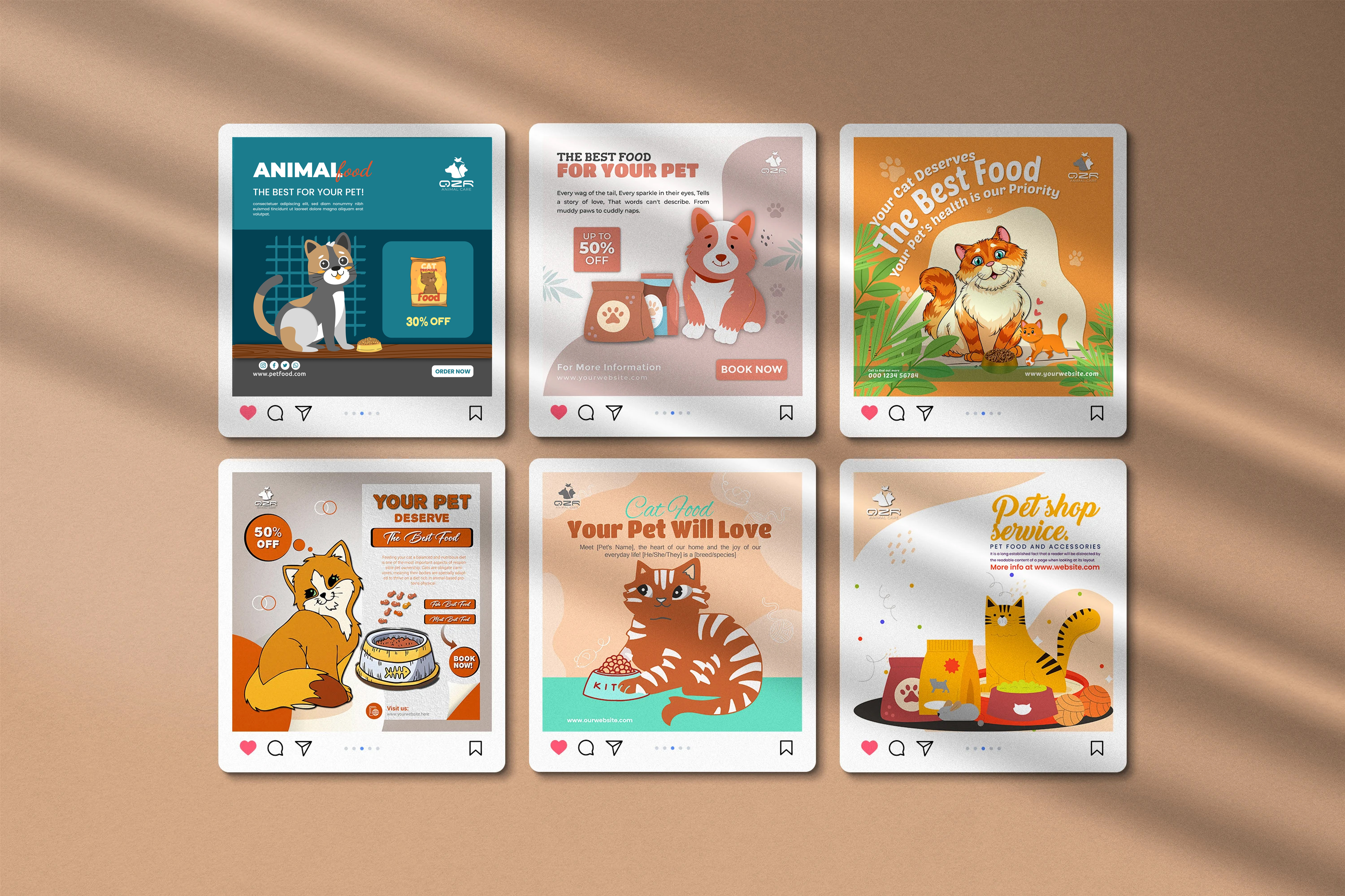 Pet Care & Food Social Media Post Bundle ads design animal care branding cat food cat lover flat design graphic design grooming salon illustration instagram post design kitten organic pet food pet accessories pet care pet grooming pet health pet shop pet sitting social media post veterinary