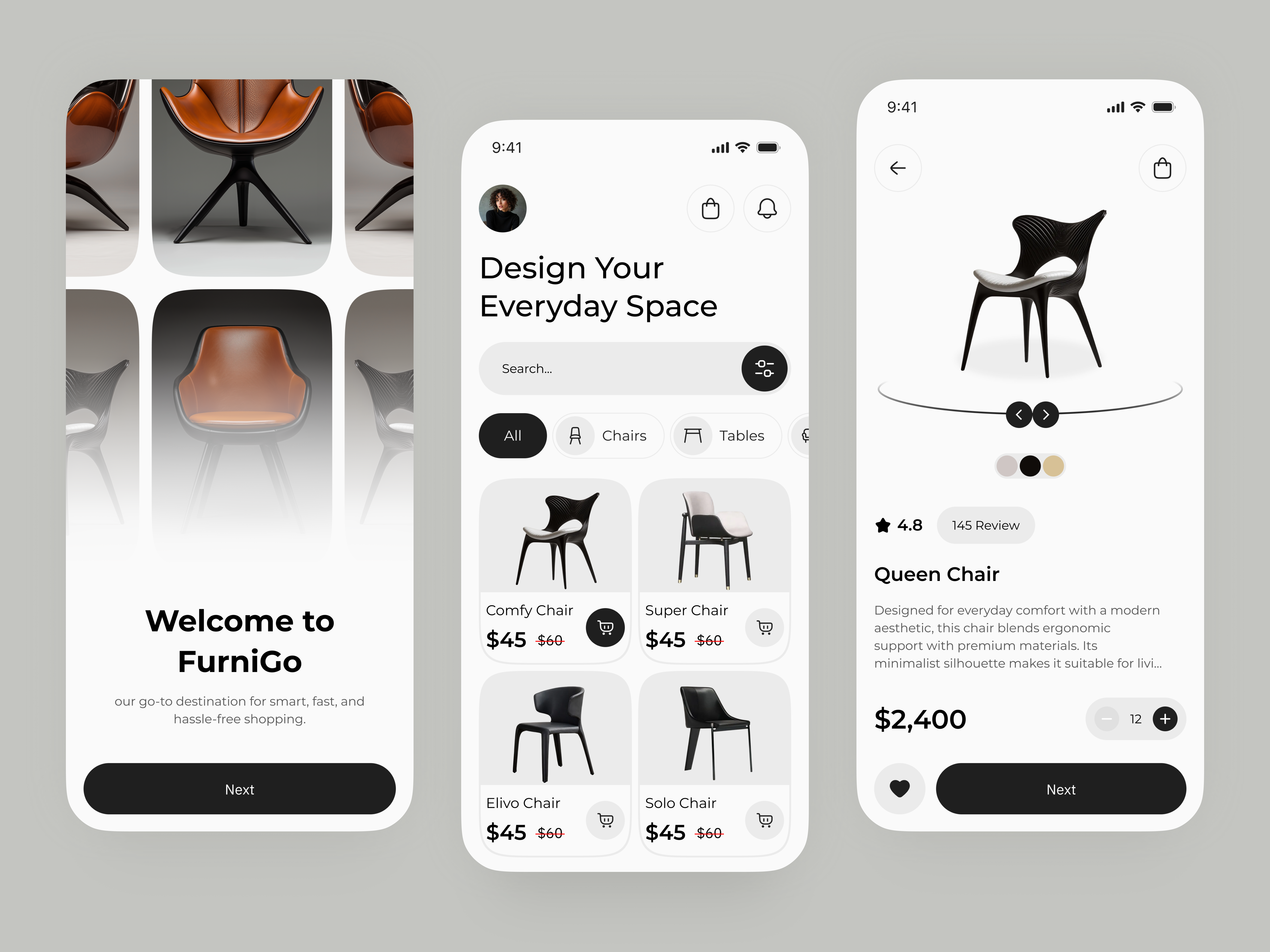 Elegant Furniture Shopping App UI app app design design ecommerce ecommerce app furniture app home decor marketplace mobile mobile app mobile ui online store product design shopping app shopping app design user interface uxui web