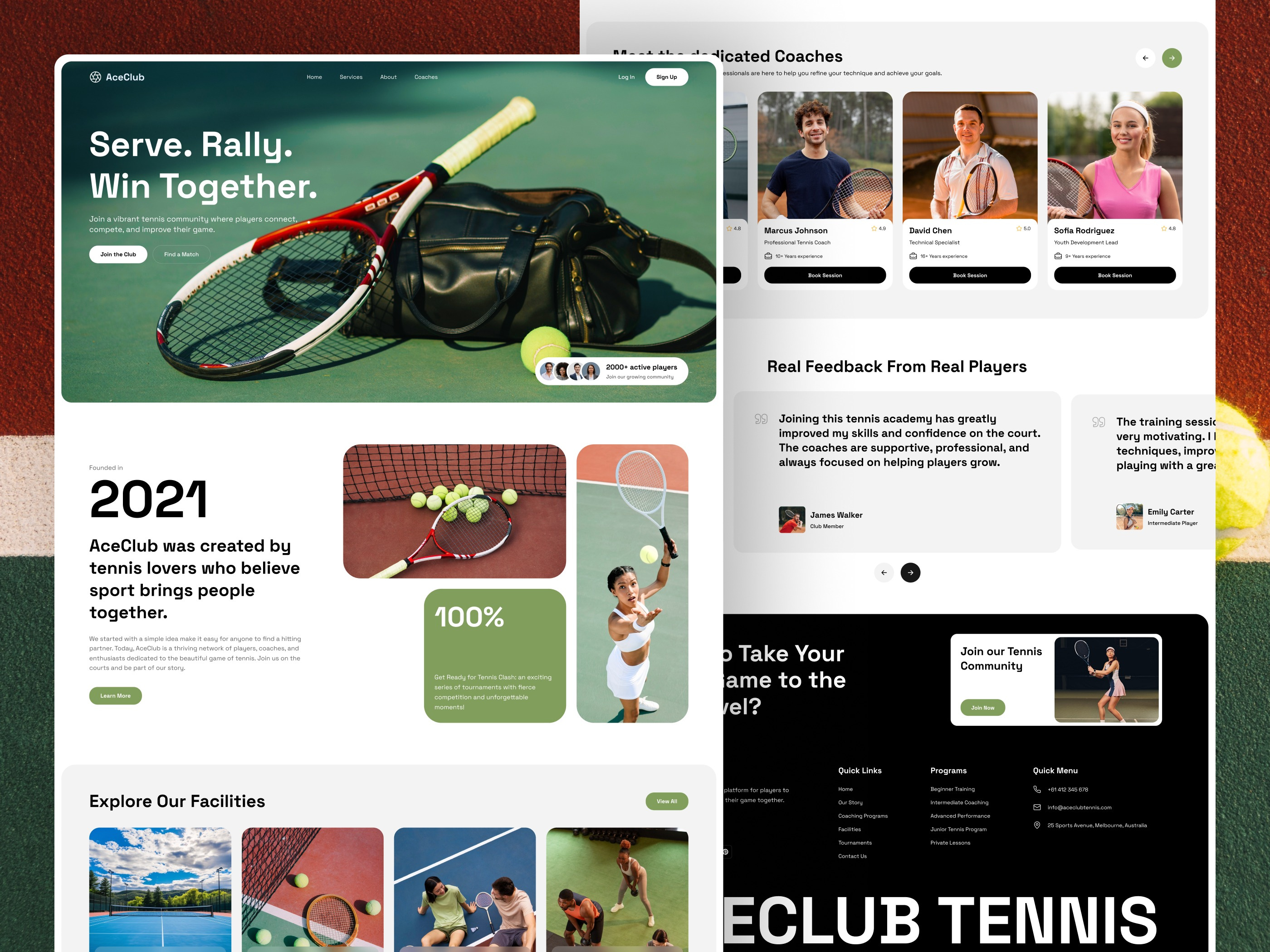 AceClub - Tennis Landing Page branding coach game homepage landing page playing product design racket roger federer roland garros sports sports website tennic club tennis tennis athlete tennis ball tennis coaching tournament website design wimbledon
