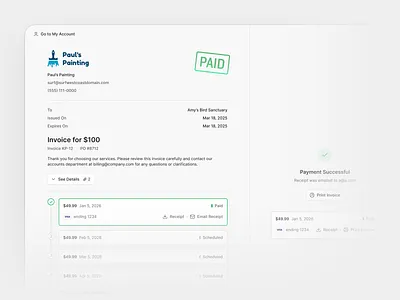 Pay recurring invoices accounts payable billing history clean customer portal dashboard flat invoice timeline minimal paid invoice payment confirmation payment success receipt download recurring payments saas shadcn shadcnui subscription invoices tailwind