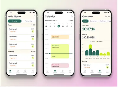 Time Tracking Mobile App ⏱️📊 activity log android ui billable hours calendar view dark mode earnings tracker employee tracking freelance tools ios design mobile app productivity app project hours task management task timer time logging time tracker timer ui work hours workflow app