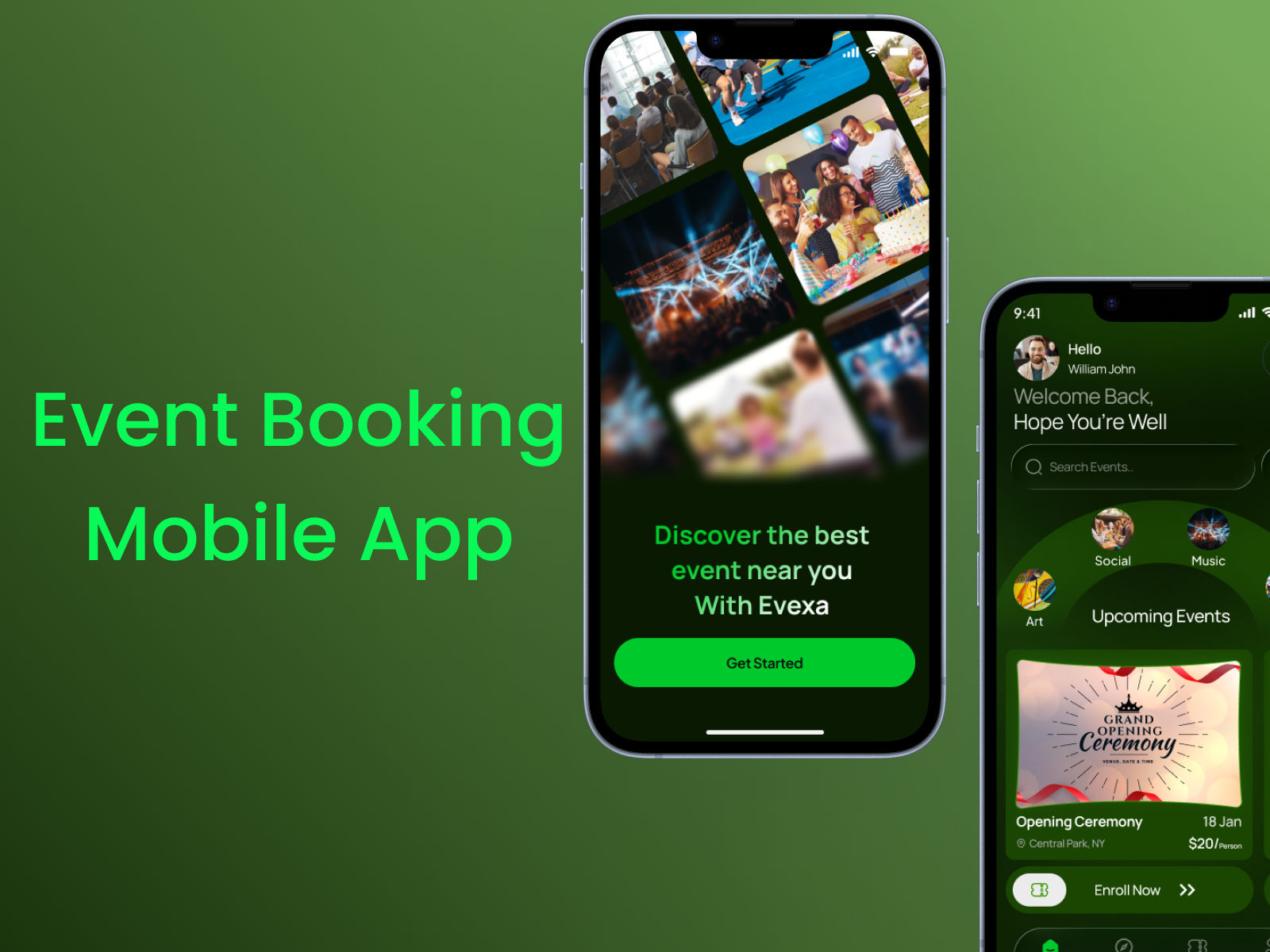 Event Booking App UI – Seamless Experience in Dark Green Theme appdesign behance bookingapp darkui designsystem dribble eventapp figma fintechui interactiondesign mobileappdesign productdesign uidesign uiux uxdesign