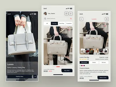 Luxora – Luxury Handbag Shopping App UI app design bag design clean ui ecommerce ecommerce app fashion app figma handbag luxury luxury ui minimal ui mobile app mobile ui modern ui product design shopping app ui ui design uiux ux design